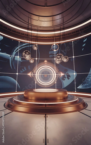 Fototapeta Futuristic gold platform and glowing portal  sci-fi concept  digital art  technology and innovation   