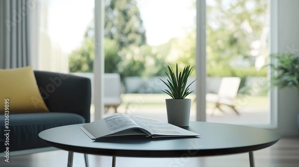 Obraz A brochure mockup displayed on a sleek black table in a bright room.