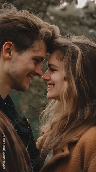 Fototapeta Romantic Couple Smiling Together in Outdoor Setting