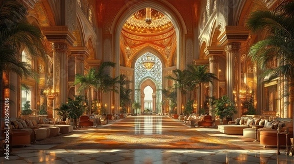 Fototapeta Grand Hallway with Ornate Architecture and Palm Trees