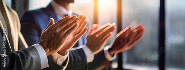 Obraz Business professionals clapping hands during a meeting, recognizing achievements or success with sunlight streaming through windows.
