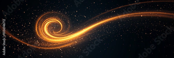 Fototapeta Abstract golden swirl with sparkling particles on black background.