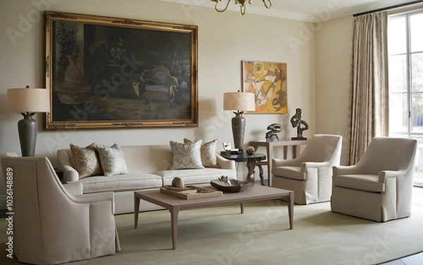 Fototapeta Elegant living room with beige and brown furniture  perfect for interior design projects   