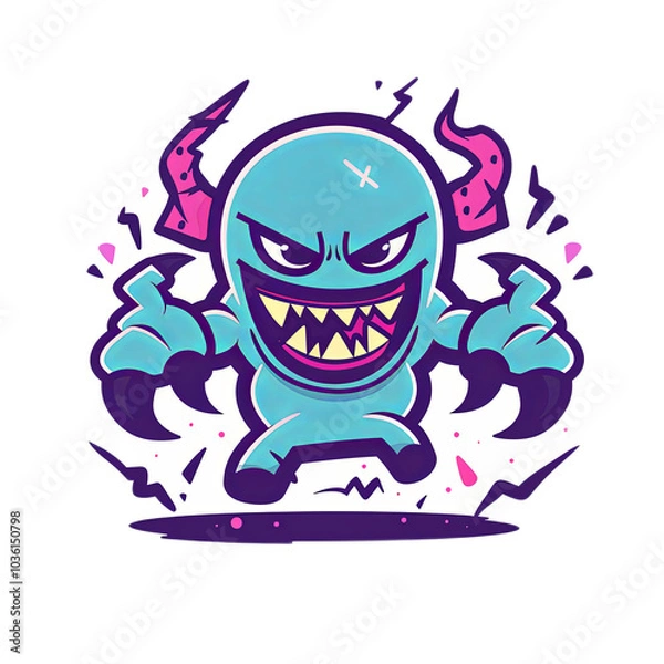 Obraz Cartoon Monster with Horns and Sharp Teeth