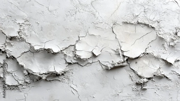 Fototapeta The surface features a cracked plaster wall displaying a distressed texture with varying shades of gray and intricate patterns. The view highlights aging and wear.