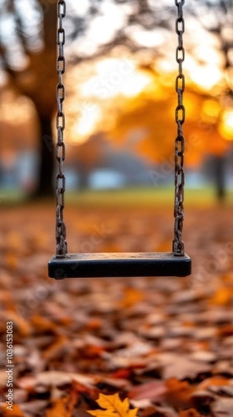 Fototapeta Empty swing hangs quietly amidst a carpet of autumn leaves in a serene park setting, AI