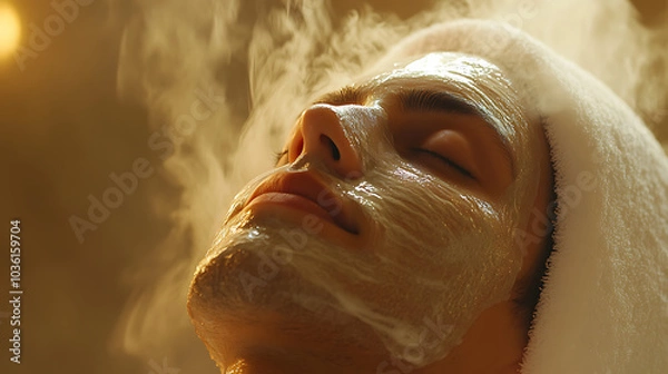 Obraz A man is getting a facial treatment with steam and a towel