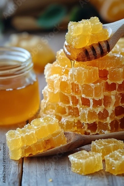Fototapeta Fresh honey dripping from a wooden dipper into a jar with honeycomb on a wooden surface
