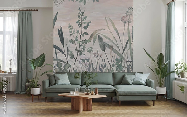 Fototapeta Green sofa and floral wallpaper  pink and green  modern living room  create a serene and inviting atmosphere   