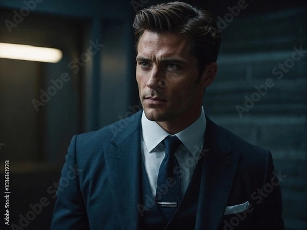 Fototapeta A tall muscular man in a tailored suit stands in a dimly lit room with a serious expression, suggesting an intense conversation.