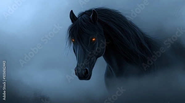 Fototapeta A black horse with glowing eyes stands in a misty field, gazing directly at the viewer.