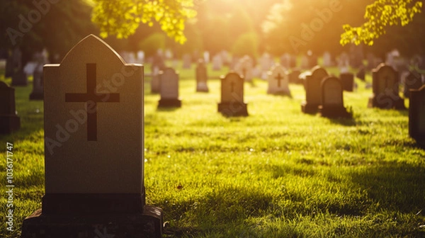 Fototapeta Headstone with cross in sunlit cemetery at sunset