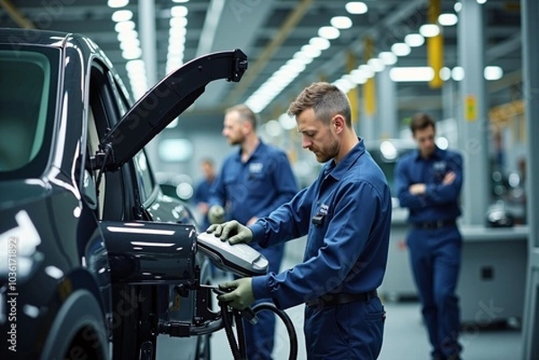 Fototapeta Technicians Maintain Electric Vehicles in Modern Factory