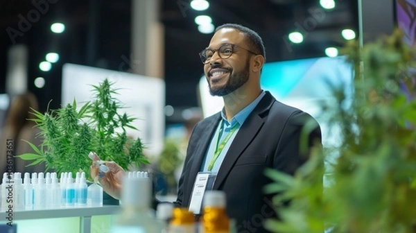 Fototapeta An entrepreneur showing off innovative cannabis products at an industry conference