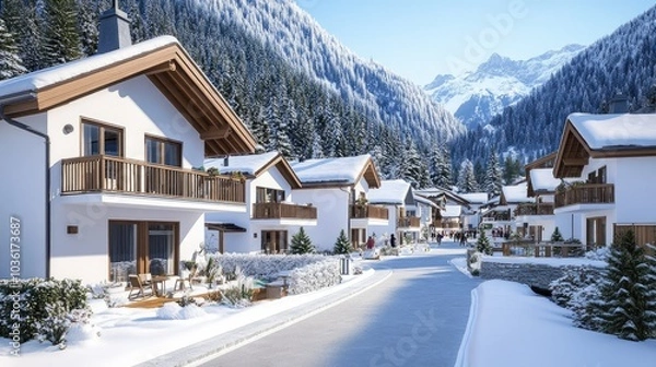 Fototapeta A picturesque small town comes alive with Christmas decorations, as people stroll through the snow-covered streets amid the scenic mountains