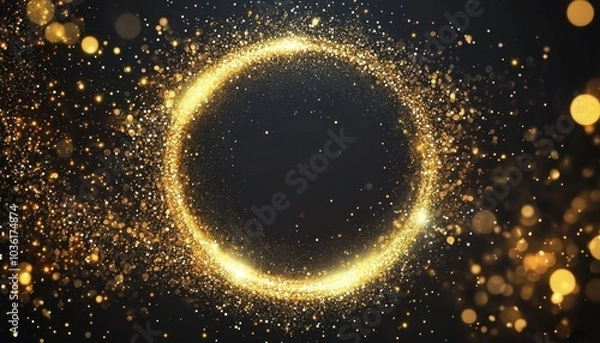 Fototapeta Golden sparkling circle with shimmering particles on a dark background at night