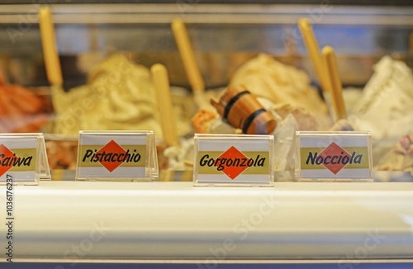 Fototapeta Gorgonzola ice cream, a speciality in the local ice cream parlour in the city of Gorgonzola in the Milano area, Italy