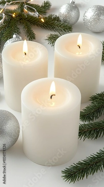 Fototapeta A warm and inviting Christmas table features three white candles surrounded by green pine branches and silver ornaments, perfect for holiday decor