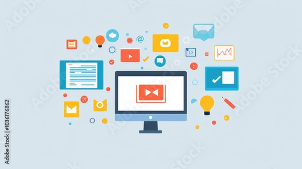 Fototapeta This design uses a simple, flat style to promote marketing automation. It includes digital marketing tools and templates for websites and banners.