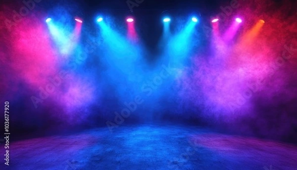 Fototapeta Colorful stage lights illuminating a performance space with fog effects at night