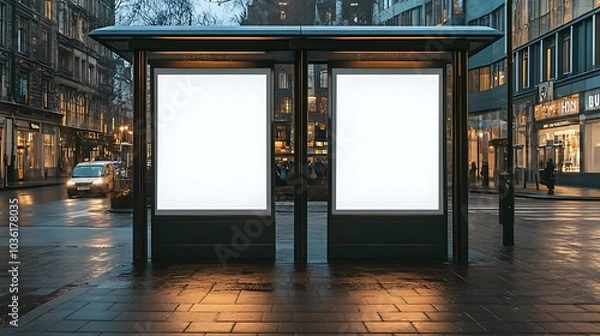 Fototapeta A clean, modern bus stop shelter with two blank white posters, ready for advertising.