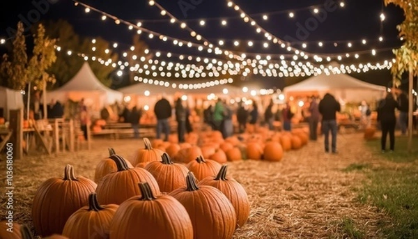 Fototapeta Pumpkin patch festival at night with twinkling lights and festive atmosphere