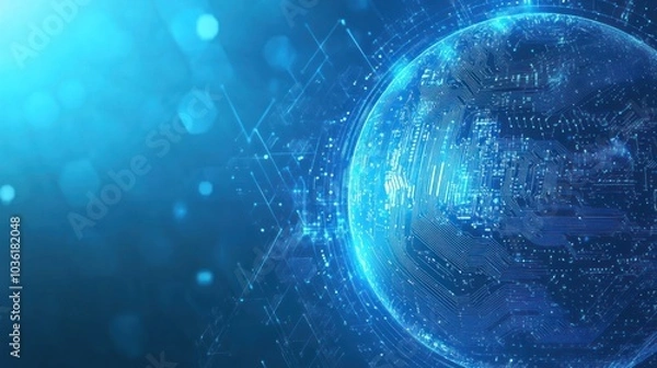 Fototapeta A futuristic digital globe surrounded by abstract circuitry and glowing particles.