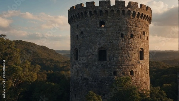 Obraz An impressive archer tower amidst rolling hills creates a stunning backdrop for events