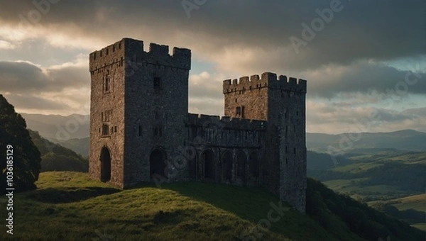 Fototapeta An impressive archer tower amidst the rolling hills