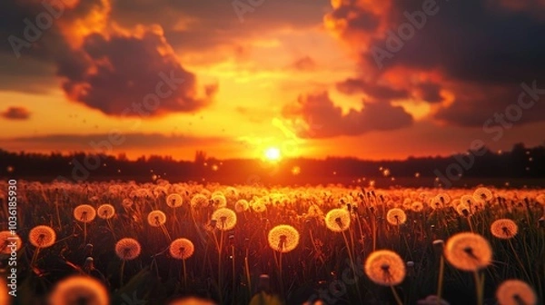 Obraz Stunning sunset over a dandelion field