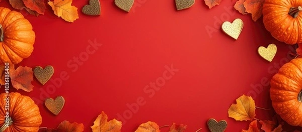 Fototapeta Square Golden Frame Blank With Pumpkins And Golden Hearts On Red Background Flat Lay Top View Copy Space