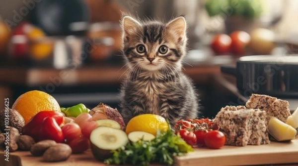 Fototapeta A playful kitten sitting on a kitchen desk surrounded by an assortment of delicious foods