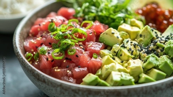 Fototapeta Tuna and Avocado Poke Bowl with Fresh Ingredients