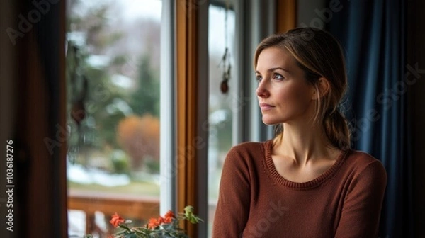 Fototapeta A social worker reflecting while gazing out the window considering effective ways to support her clients features dynamic and dramatic compositions with ample copy space