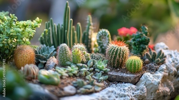 Fototapeta Collection of miniature cactus plants in a garden setting