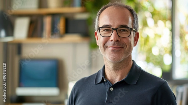 Fototapeta Portrait of a cheerful middle-aged man with glasses, wearing a polo shirt, standing in his home office, looking warmly into the camera
