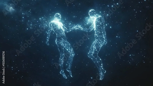 Fototapeta Gemini symbol mirrored with two glowing figures in the sky, connected by stars