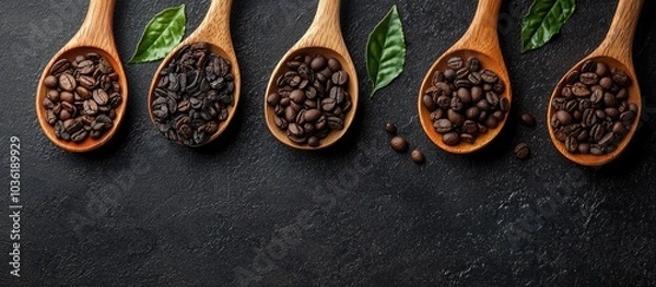 Fototapeta Tea Leaves And Coffee Beans In Wooden Spoons On A Dark Background