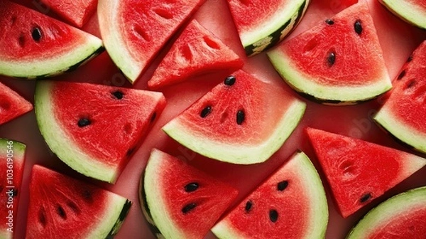 Obraz Juicy red watermelon slices with vibrant green rind on a bright background ideal for summer concepts