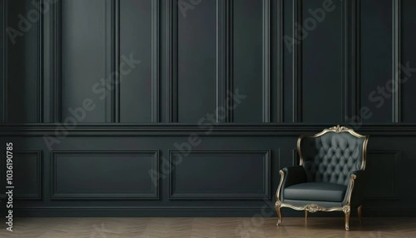 Fototapeta Elegant black wall with tufted armchair in a minimalist interior setting