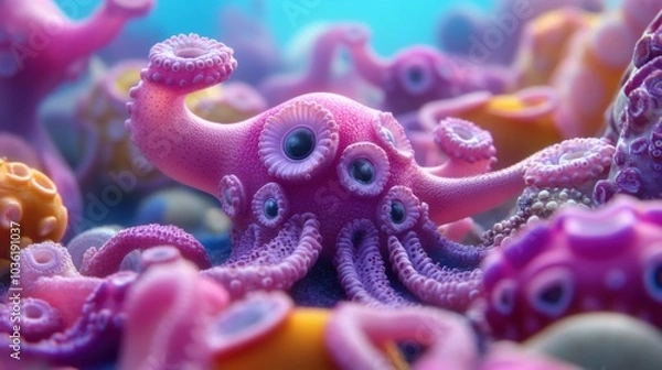 Fototapeta Playful pink octopus with multiple eyes in a vibrant underwater scene, AI