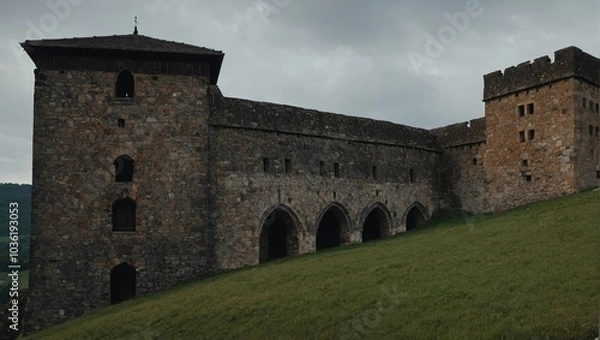 Obraz Families enjoy picnics on the lawn surrounding the iconic archer tower on sunny days