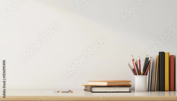 Fototapeta Organized workspace with books and stationery on a clean desk in bright daylight
