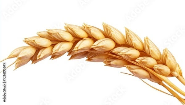 Fototapeta Golden wheat stalk with ripe grain heads against a white background