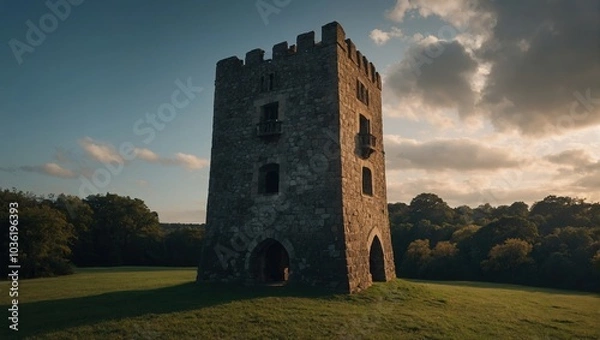 Fototapeta Night falls, and the archer tower glows softly