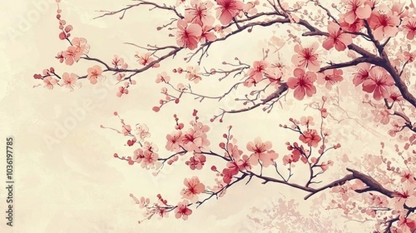 Fototapeta   A painting of a tree adorned with pink blossoms on its limbs, accompanied by a soaring bird against a backdrop of the sky