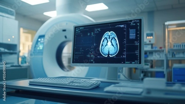 Fototapeta Medical imaging setup featuring a CT scanner and brain scan on a monitor.