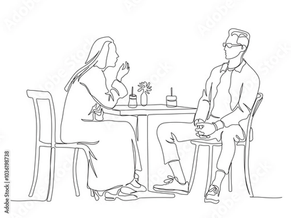 Fototapeta Couple talking at street cafe table with drinks. Continuous line drawing. Black and white vector illustration in line art style.
