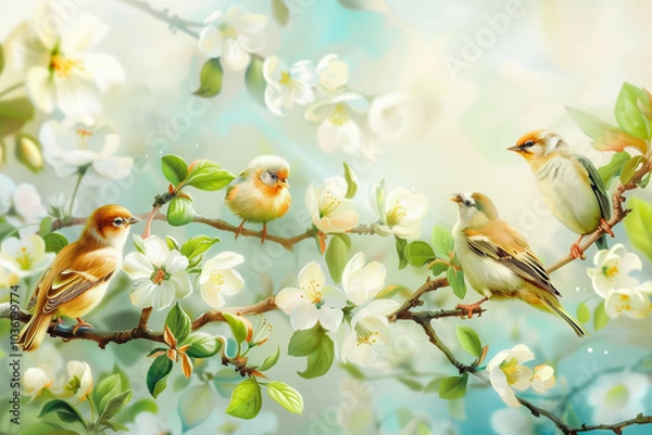 Fototapeta little funny birds and birds chicks sit among the branches of an apple tree with white flowers in a sunny spring garden