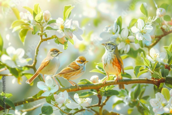 Fototapeta little funny birds and birds chicks sit among the branches of an apple tree with white flowers in a sunny spring garden